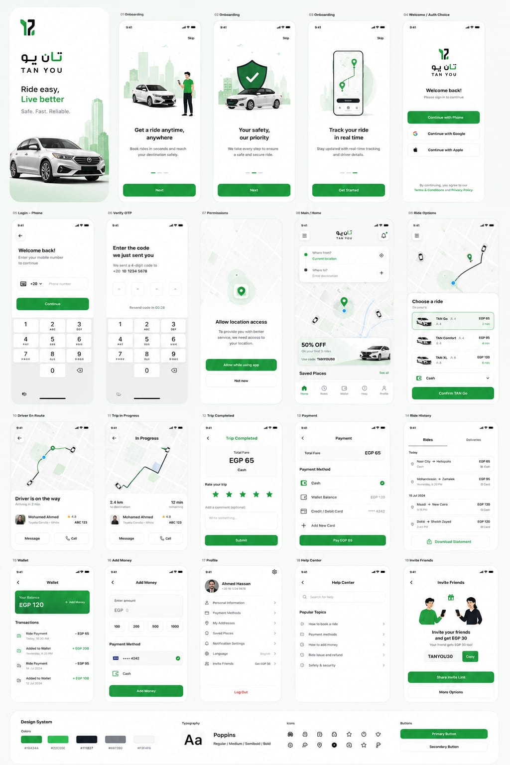 Tan You — Rider app · 19 screens
