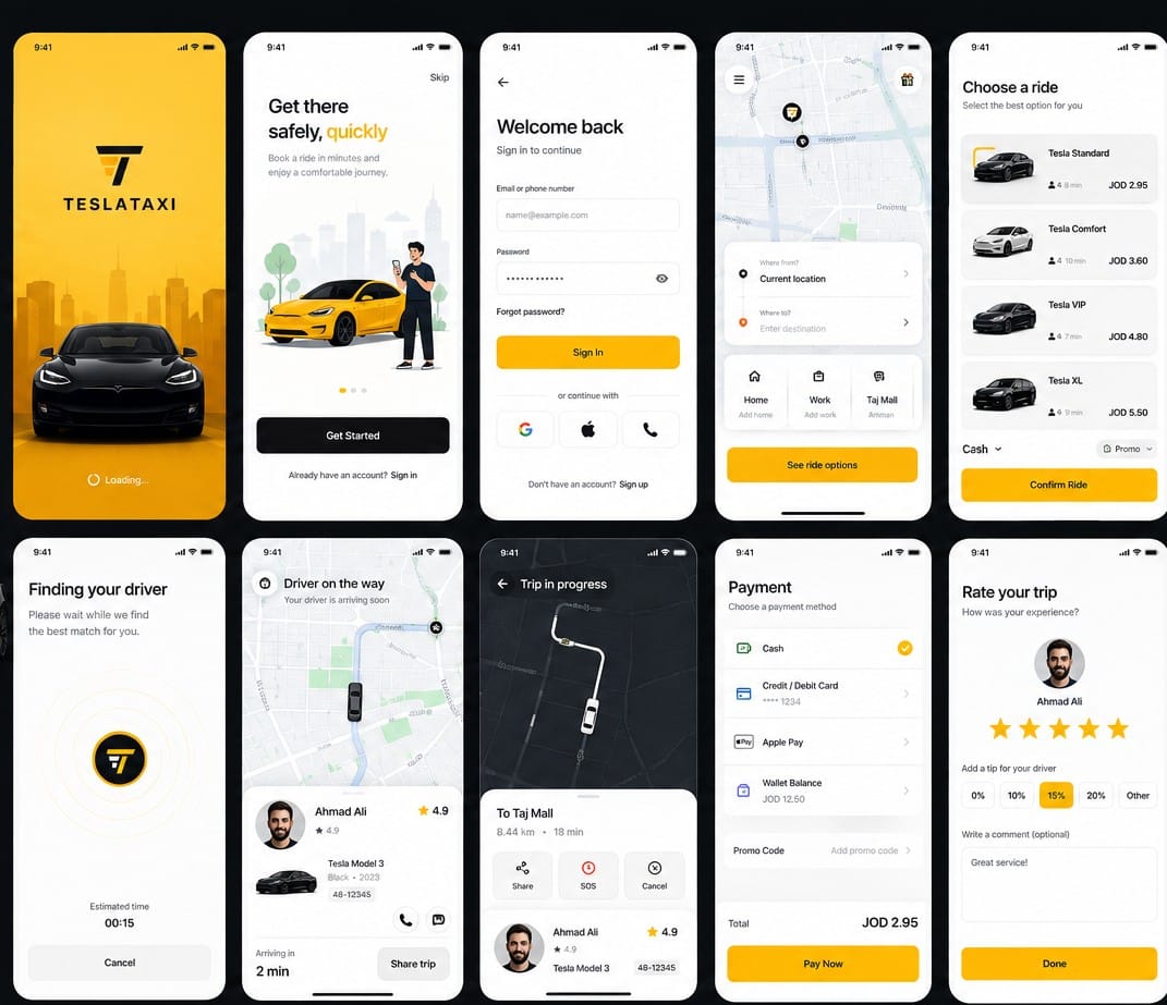 Tesla Taxi — Rider app · full flow